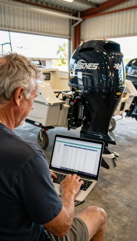 Australian boat owner viewing inspected used outboard inventory online