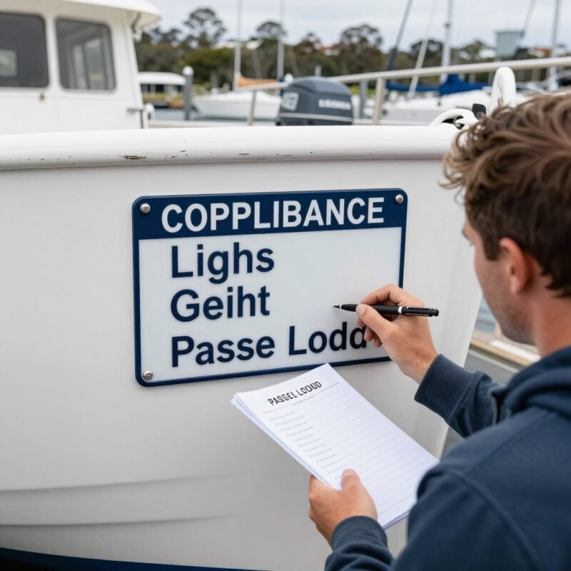 Boat owner preparing compliance plate and motor details for dealer advice