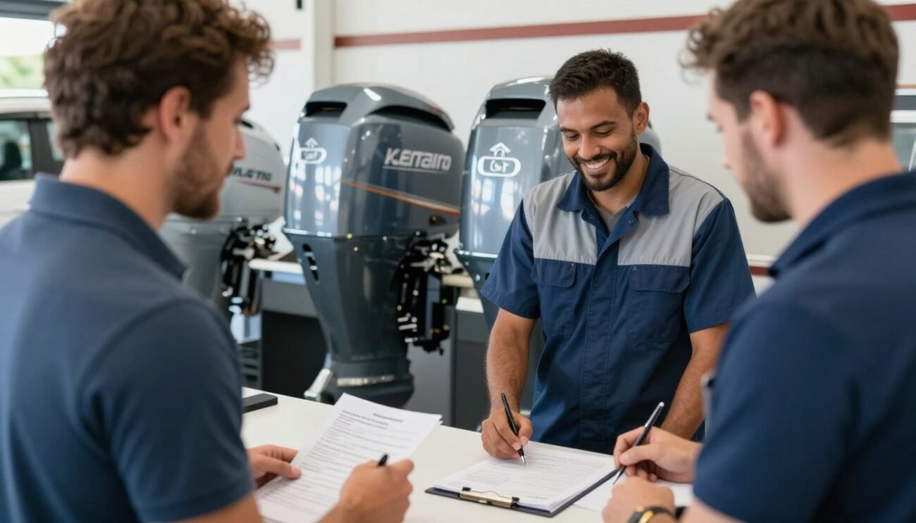 Buyer comparing two inspected used outboard motors at a marine dealership