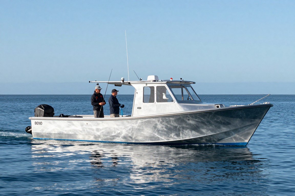 Loaded aluminium fishing boat running safely on the plane