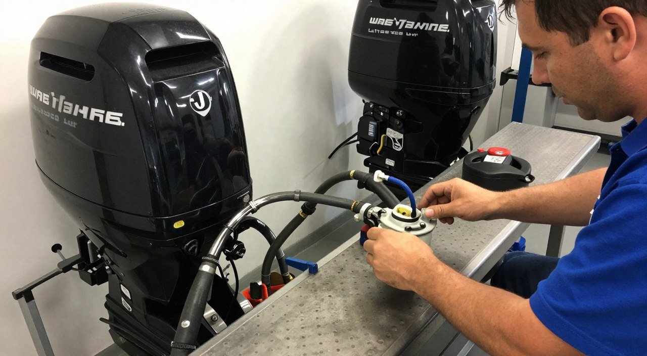 Low-hours outboard motor being checked for stale fuel and storage damage