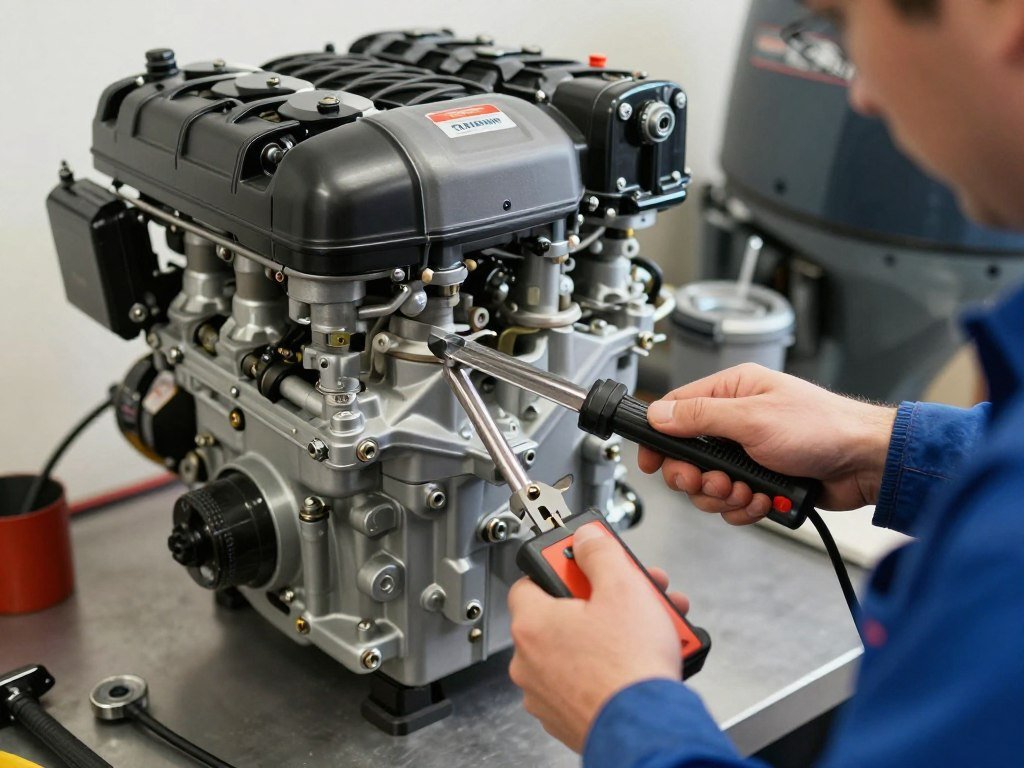 Marine mechanic performing a compression test on a used outboard engine
