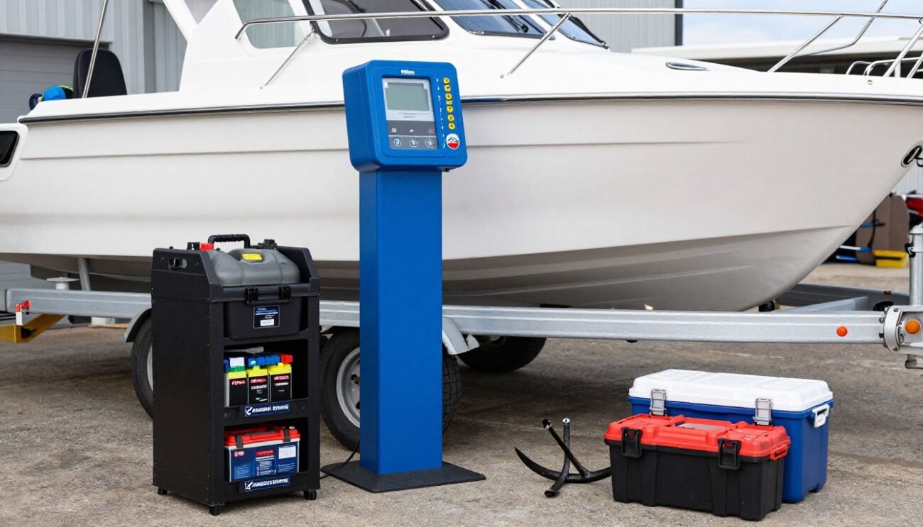 Mechanic checking boat weight, fuel, batteries, and fishing gear