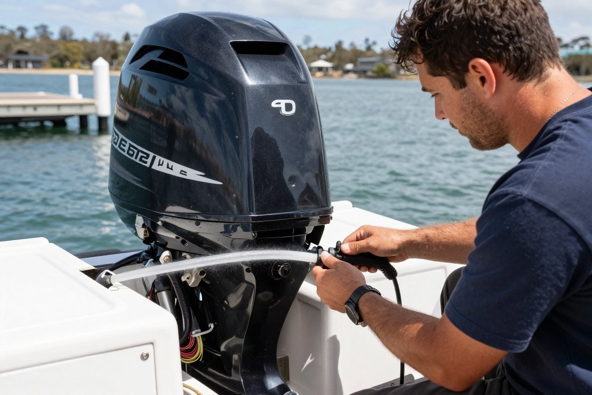 Mechanic checking cooling water flow from an outboard motor