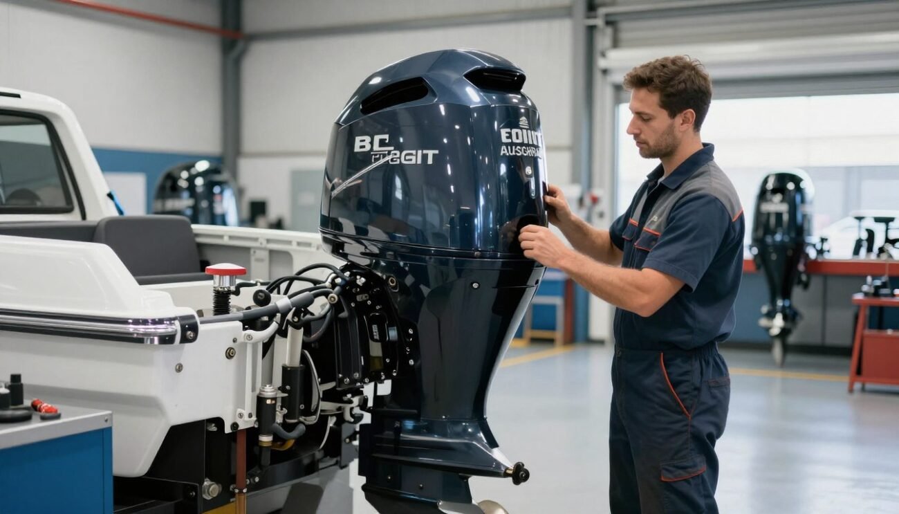 Mechanic completing final inspection on an outboard motor for sale