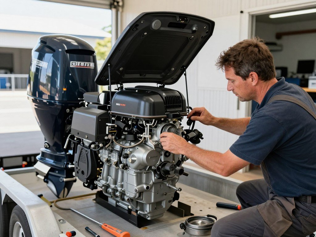 Mechanic inspecting an outboard engine