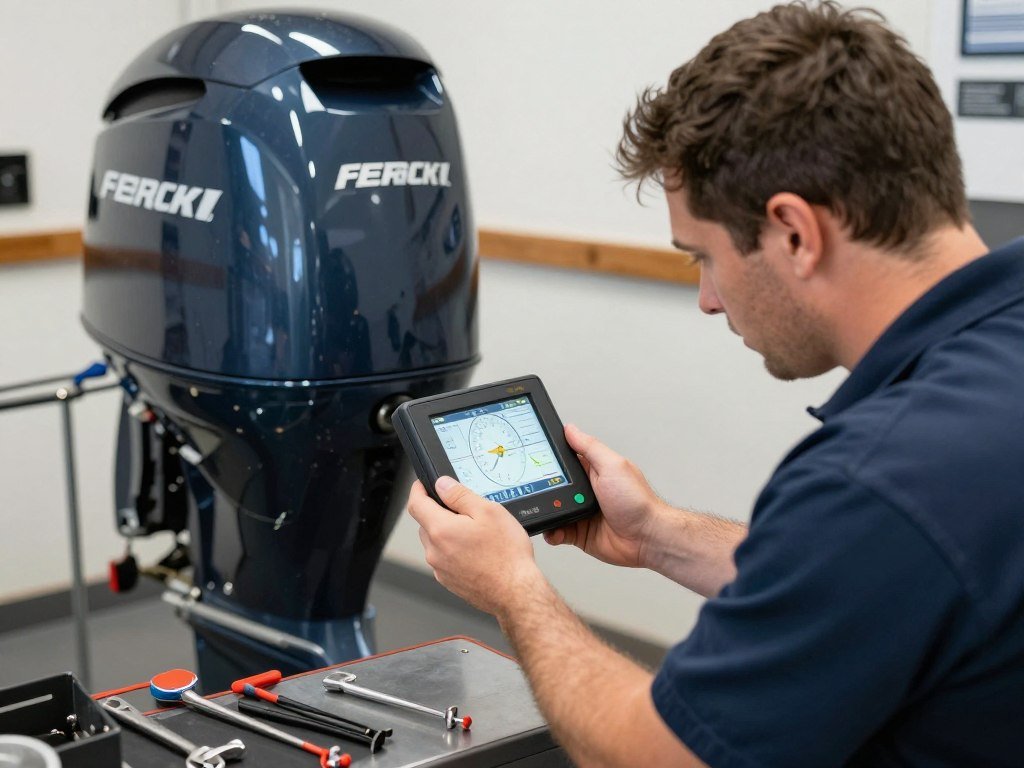 Mechanic reading engine hours on a used outboard motor
