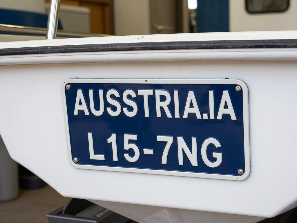 Outboard motor sizing compliance plate near a boat transom