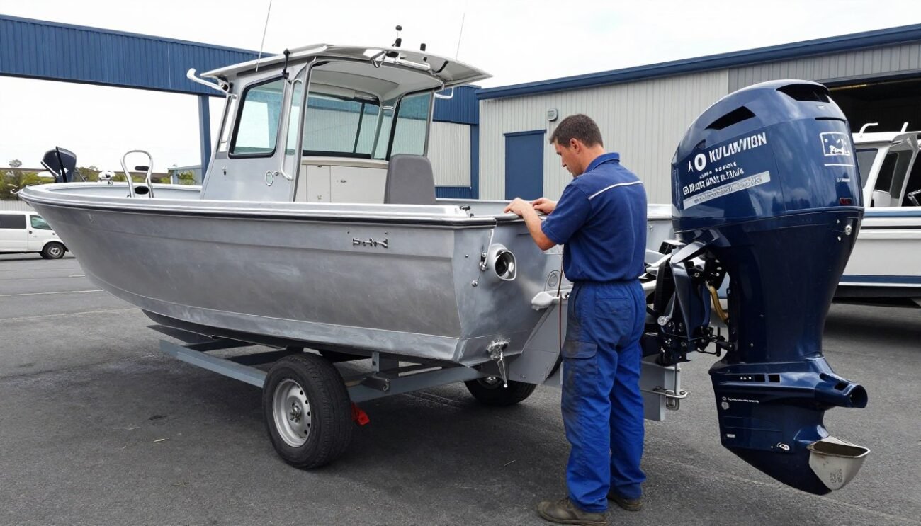 Outboard motor sizing guide beside an Australian aluminium boat