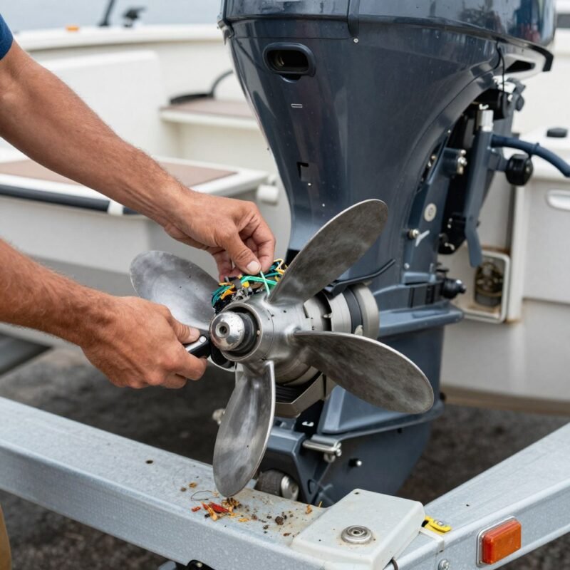 Outboard propeller checked for fishing line