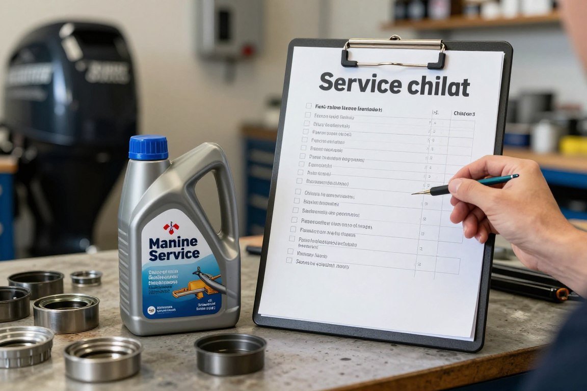 Outboard service checklist beside engine oil