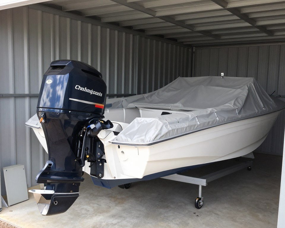 Used boat stored with an outboard motor protected from weather